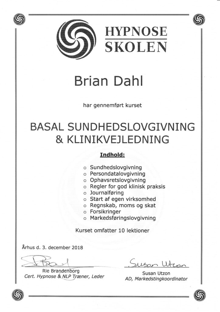 Klinikvejledning kursuscertifikat, hypnoseterapeut