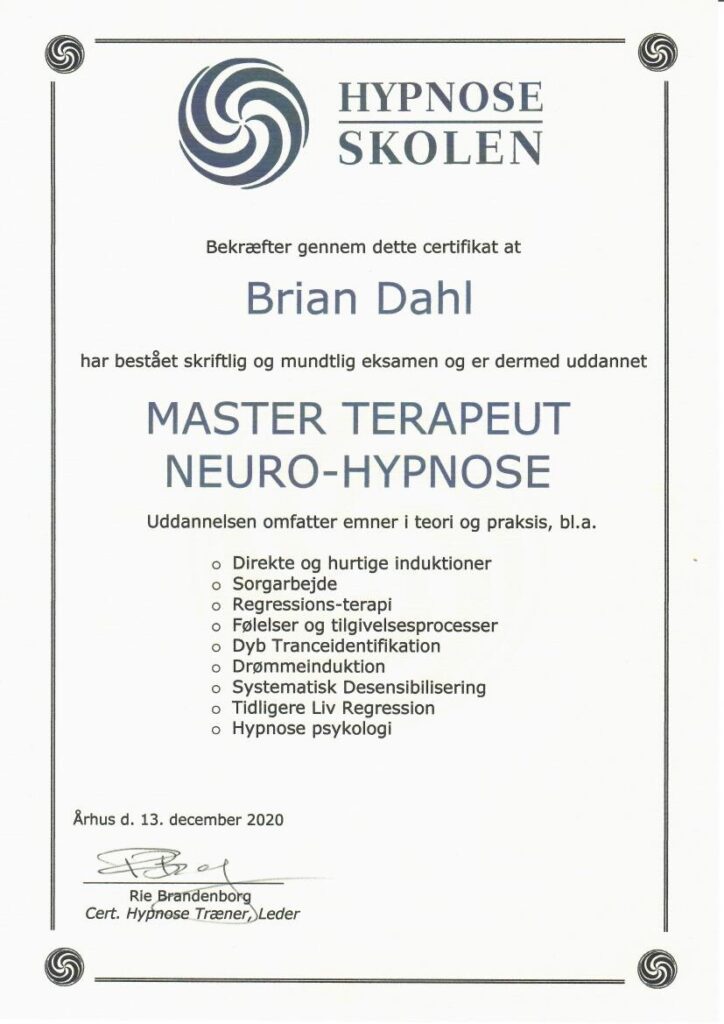 Master hypnoseterapeut kursuscertifikat, hypnoseterapeut