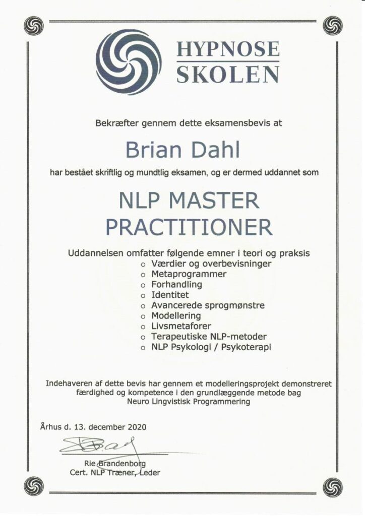 NLP master practitioner kursuscertifikat, hypnoseterapeut