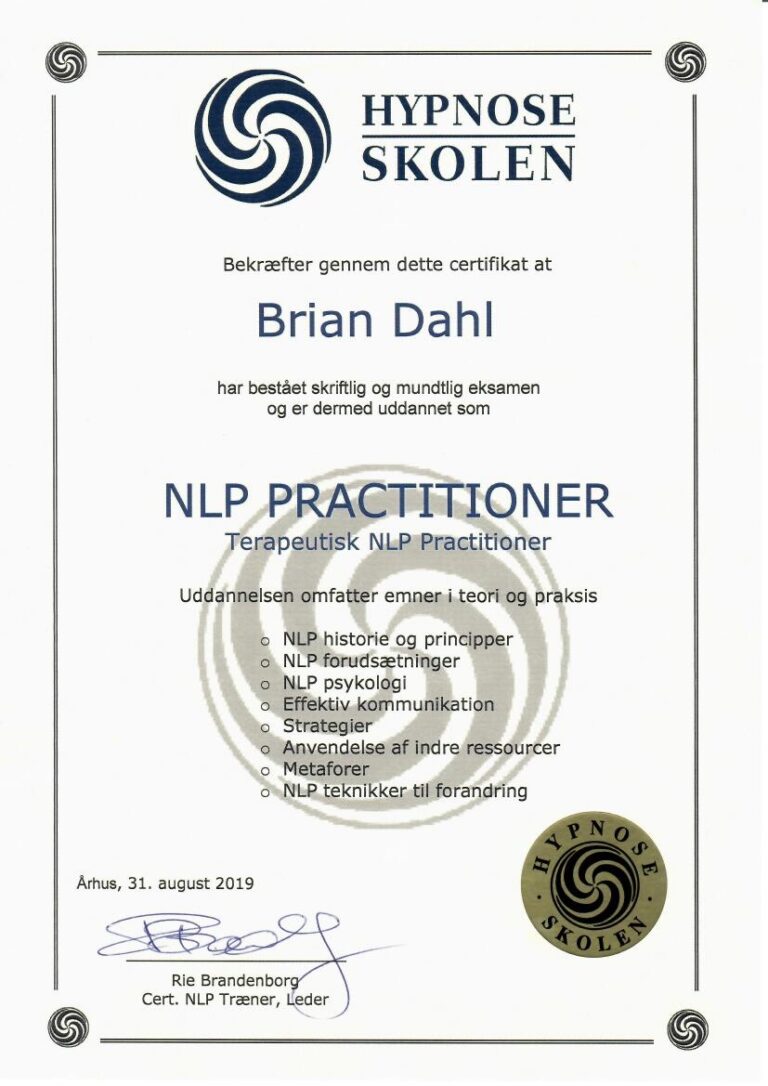 NLP practitioner kursuscertifikat, hypnoseterapeut